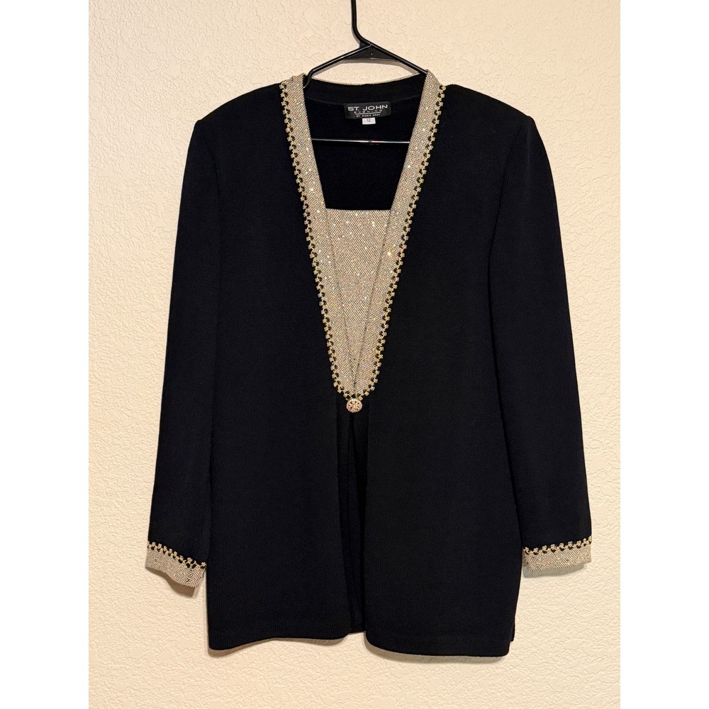 St John Evening Marie Gray Black Gold Crystal Sequin Cardigan Top 12 Elegant